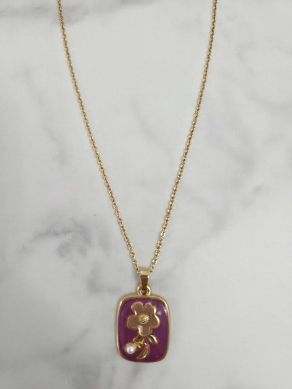 Gold Purple Enamel Flower Pendant Necklace Dainty Pearl Accent Jewelry - Picture 2 of 13